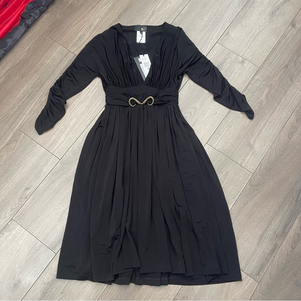 Just Cavalli black pleated dress with ram horns belt detail size 40